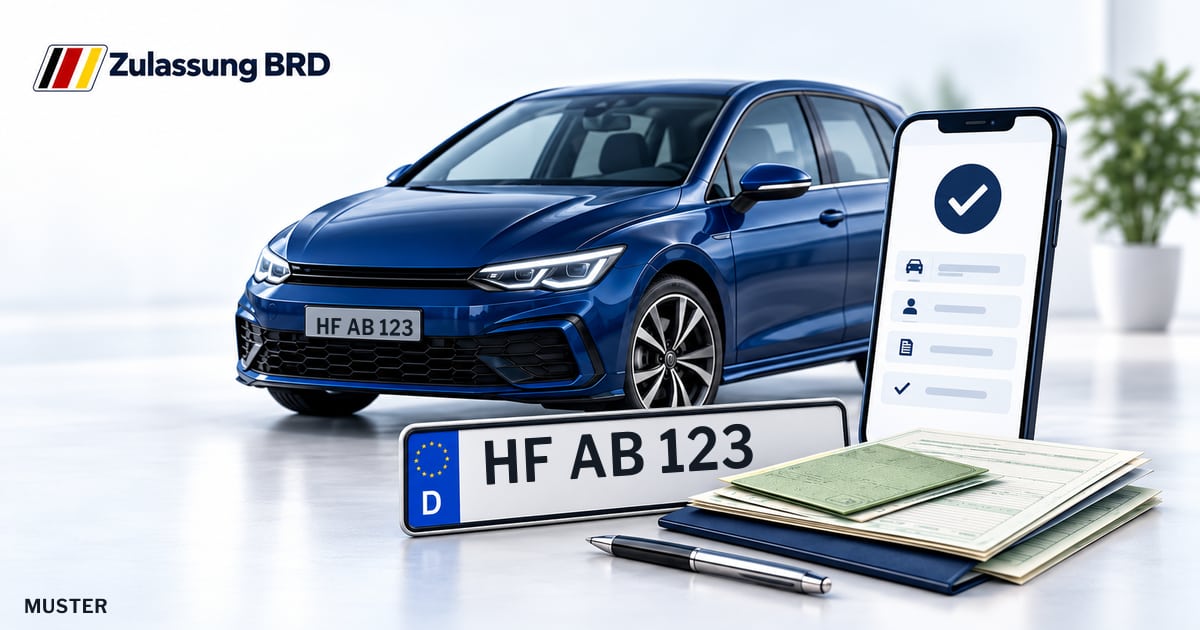 Online Fahrzeugzulassung in Rödinghausen: Musterkennzeichen HF AB 123, Auto und Fahrzeugpapiere und Smartphone. Illustration mit Logo von Zulassung BRD.